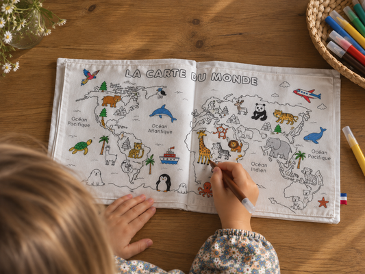 Cahier de coloriage lavable — Planisphère animaux | Loulou des Bois